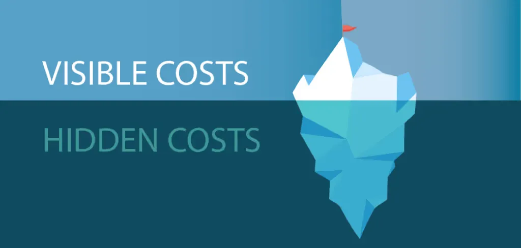 A picture of an iceberg. The part above the water represents the visible costs while the part under the water the hidden costs
