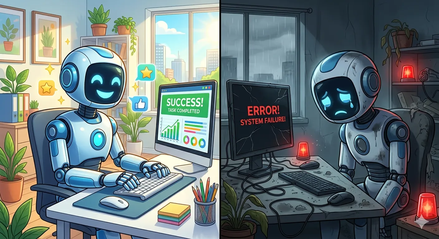 On the left, a robot is coding happily. On the right, a robot is coding sadly