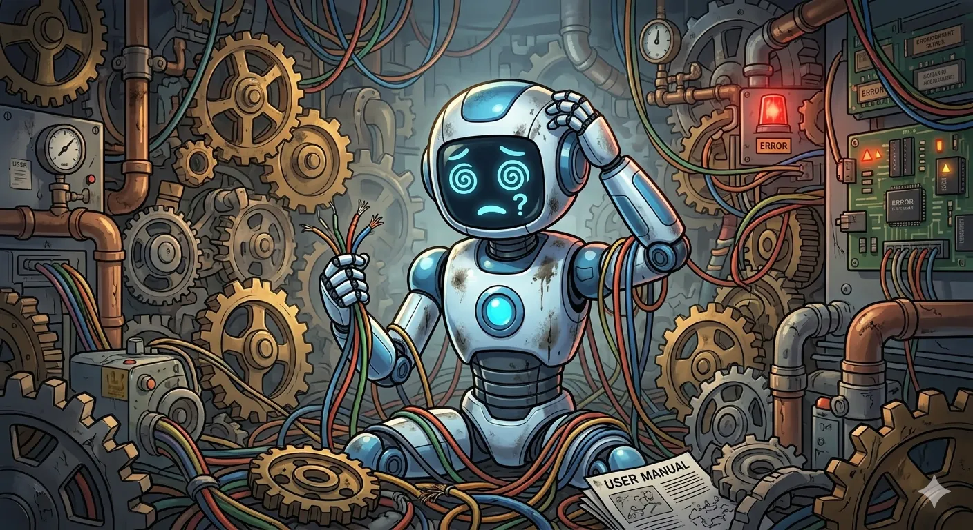 A robot lost in a mess of cables, gears and machinery trying to fix something